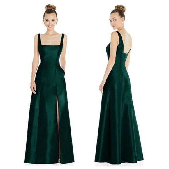 Alfred Sung D826 Hunter Green Square Neck Satin A-Line Gown Sz 4 NWOT - Picture 1 of 6